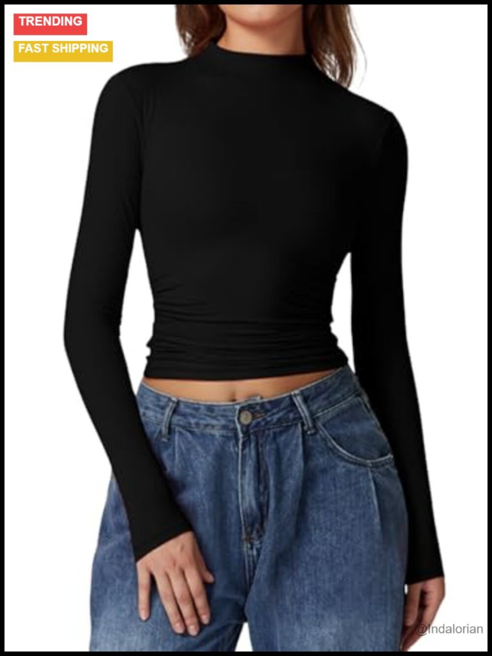 Women's Mock Neck Long Sleeve Crop Top, Double Lined, Side Ruched, Nylon High